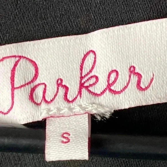 PARKER WOSIZE SMALL FLORAL DRESS RUFFLED SLEEVES BLACK W/ RED PURPLE GEO DESIGN - Picture 8 of 15